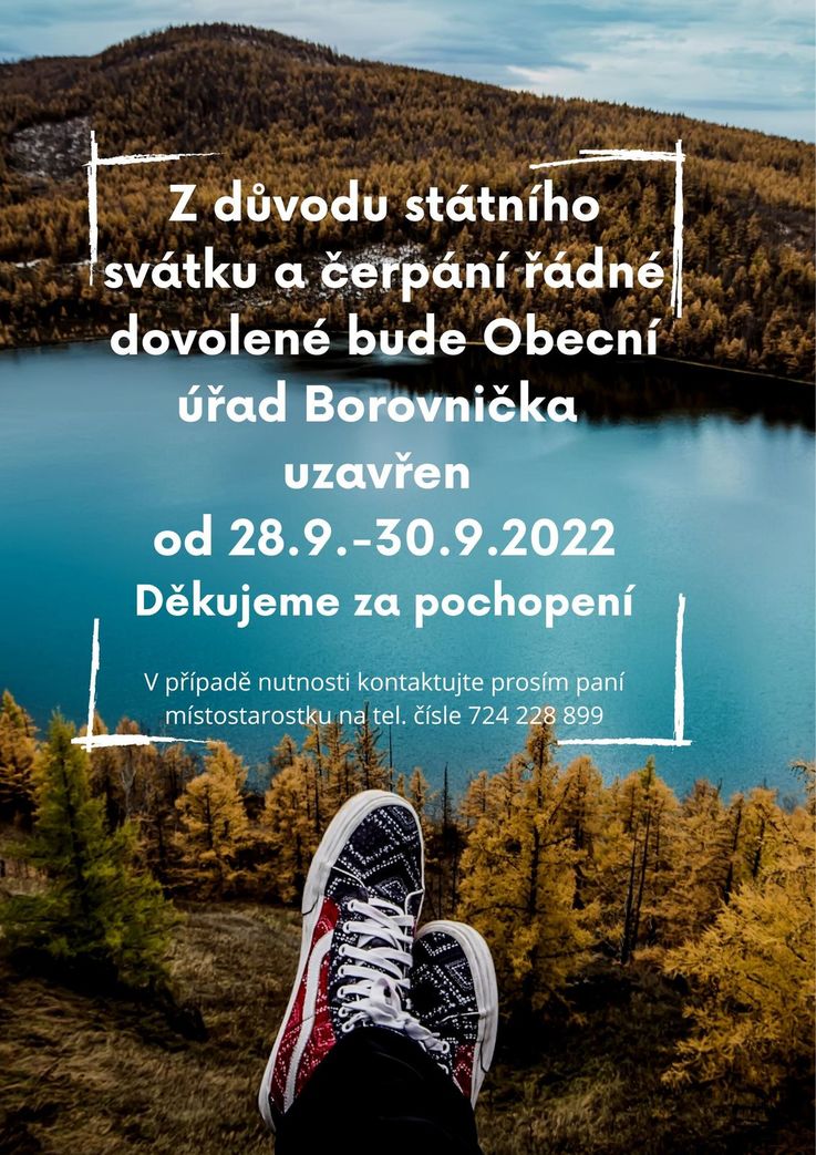 Z důvodu čerpání řádné dovolené bude Obecní úřad Borovnička uzavřen od 30.6. do 6.7.2022 Děkujeme za pochopení (1).jpg
